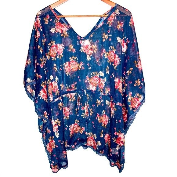 Decree Flowy Blue Floral Chiffon Tie Cinch Waist Blouse Size XL - Picture 1 of 7